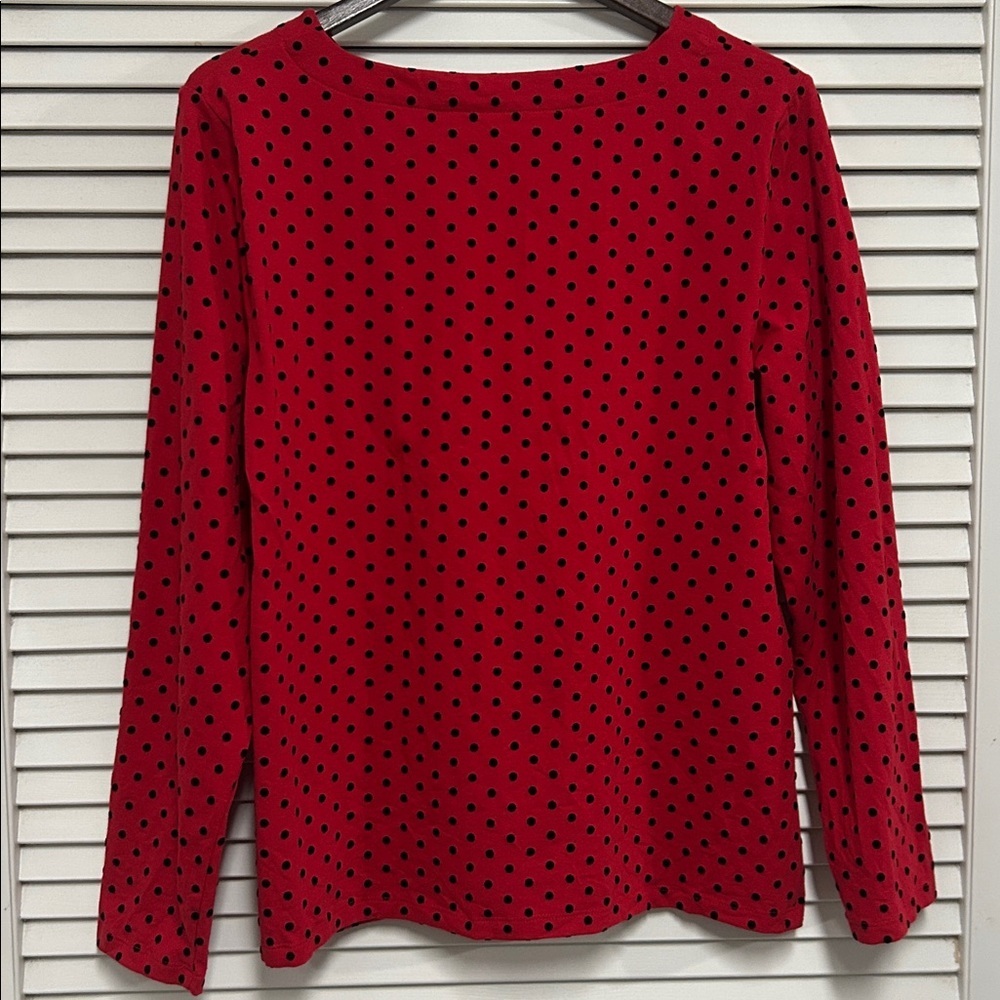Talbots Red and Black Velvet Polka Dot Long Sleeve Top - Picture 3 of 5